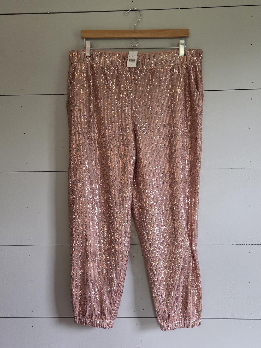 LOFT Women's Sequin Ankle Pants Pink Elastic Waist Party Cocktail Size: L